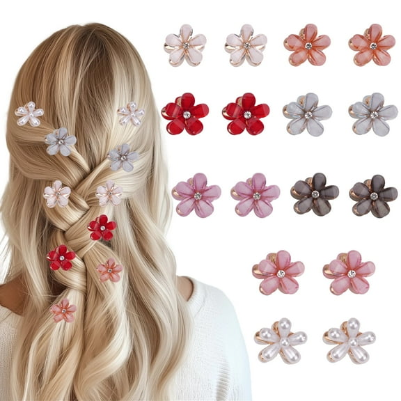 HZCrisp 16 Pack Mini Flower Hair Clips, Small Crystal Hair Barrettes for Women and Girls, Cute Bling Mini Claw Hairpins in 8 Colors for Fine Hair Styling