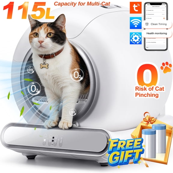 Self Cleaning Cat Litter Box, Automatic Litter Box w/ Liner, Dual Sensor Protection for Multi Cat, APP Panel Control, Odor Removal, Health Monitoring, Large Capacity Litter Box
