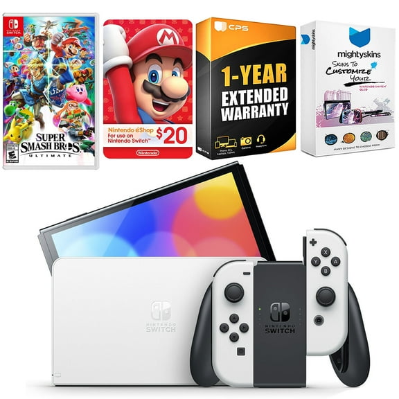 Nintendo Switch White OLED Console with Super Smash Bros: Ultimate, Nintendo $20 eShop Gift Card, MightySkins Console and Controller Skin Voucher, and 1 Year CPS Extended Warranty