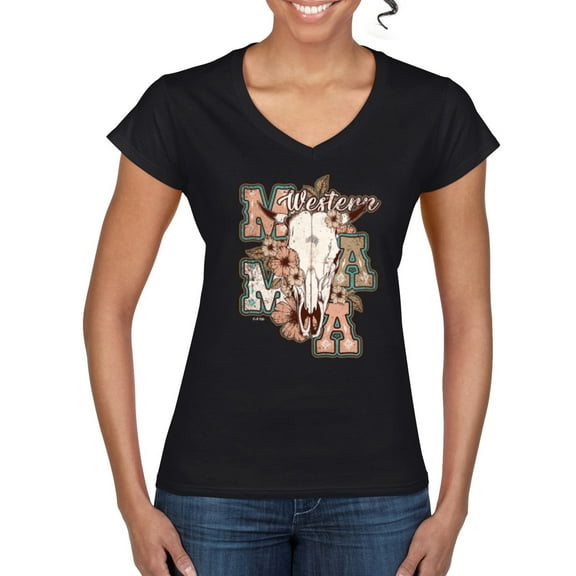 Wild Bobby Western Ma Steer Pink And Grey Distressed Pop Culture Women Standard V-Neck Tee, Black, Small