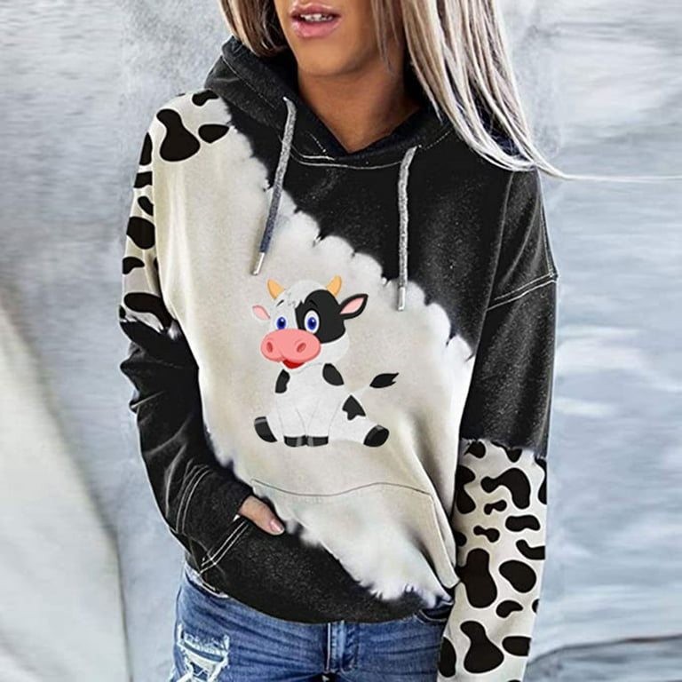 Pullover Crewneck Cow 2022 Essentials LONG Blouse Print Long Fall Hoodie Loose Shirts SHIRT Casual Women Sleeve Sweatshirts Hooded Graphic Trendy For JSGEK