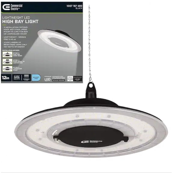 Commercial Electric 12 in. 12000 Lm Ultra Lightweight Black LED High Bay Light
