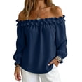thumbnail image 5 of ClodeEU Women's Off Shoulder Long Sleeve Blouse, Casual Solid Color Top with Ruffled Trim Navy,Women's Plus S, 5 of 8