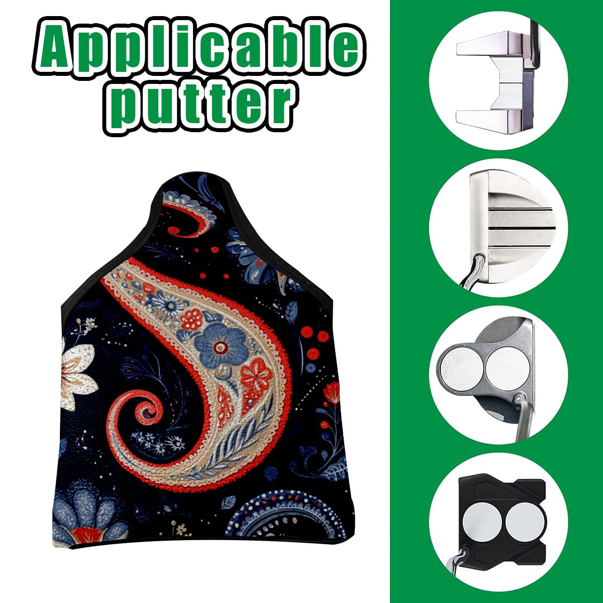 Golf Mallet Putter Cover Premium Leather Waterproof Golf Putter Head Cover with Magnetic Closure Paisley Pattern