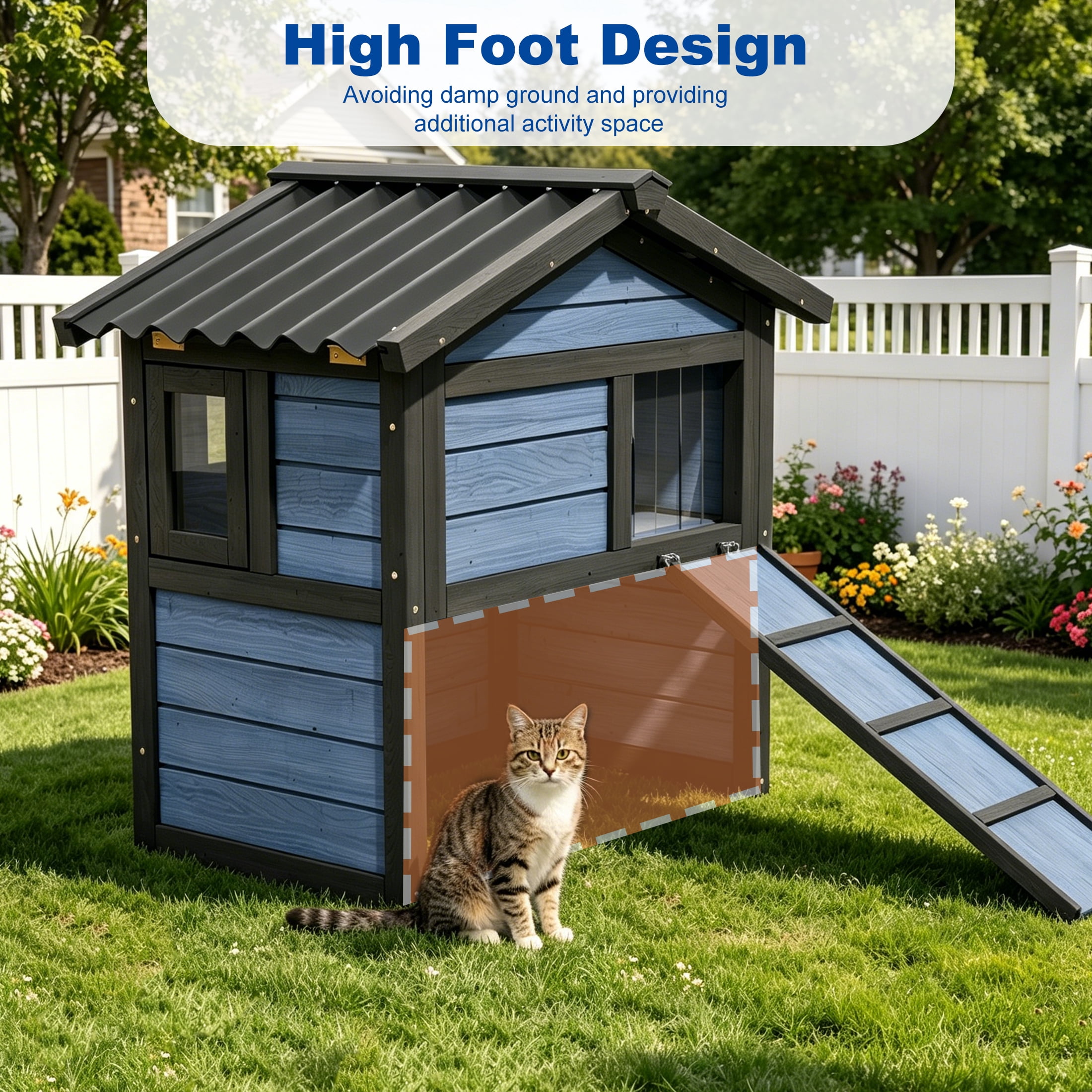 Cool Outdoor Cat House for Summer, Double-Layer Insulated Cat Shelter with Escape Window & Extended Ramp, Blue
