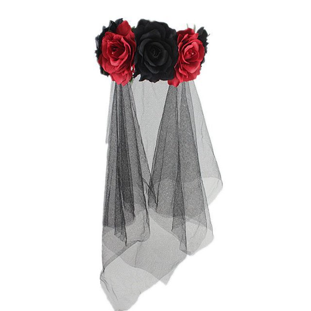 rojo + negro Diadema roja y negra de Halloween Bruja europea y americana visten velo de flores rosas accesorios para el cabello con hebilla para la cabeza de fiesta Material: Tela de poliéster Malla D