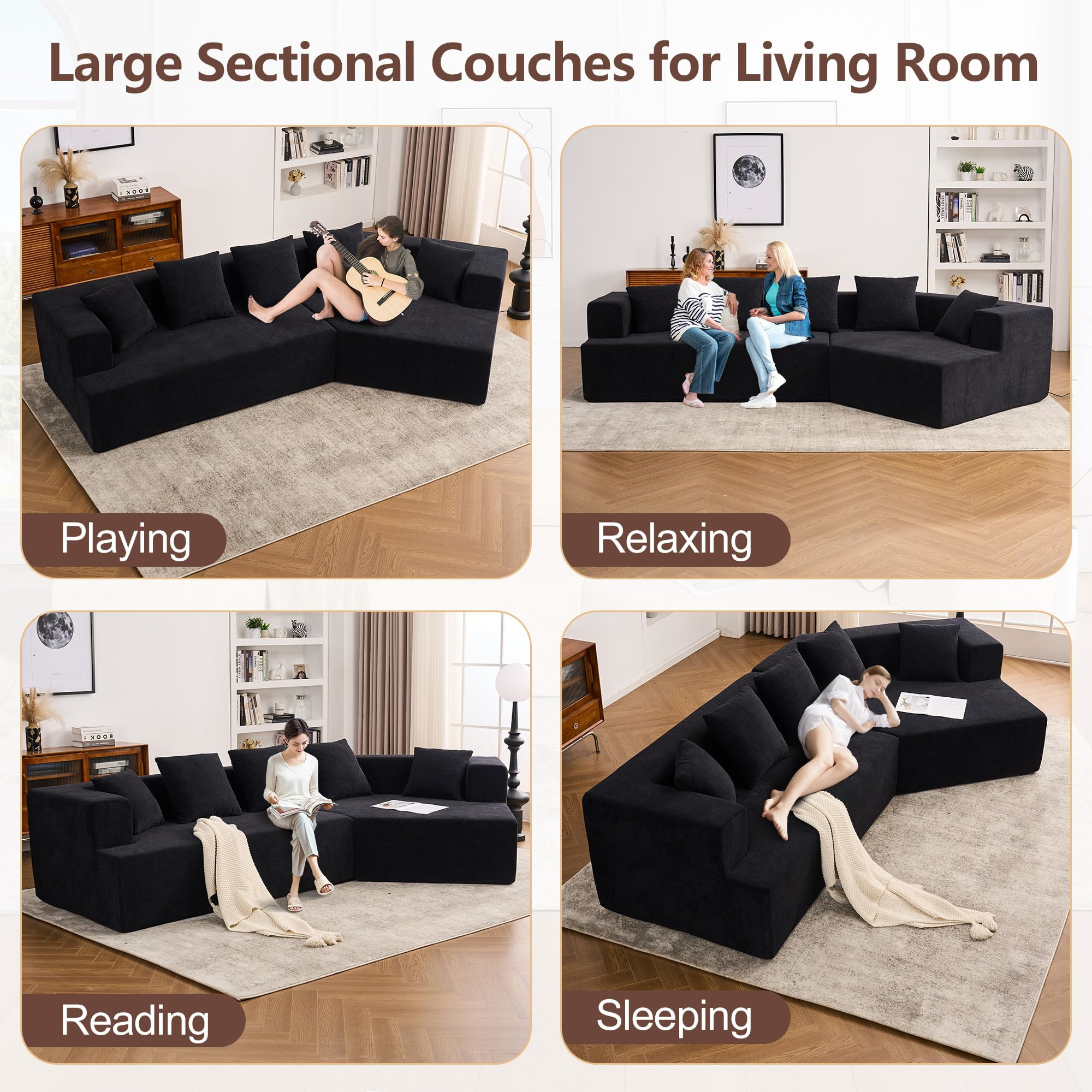 Aukfa 130" Oversized Modular Sectional Sofa Boneless Sofa with Chiase, 5 Pillows, Chenille, Black