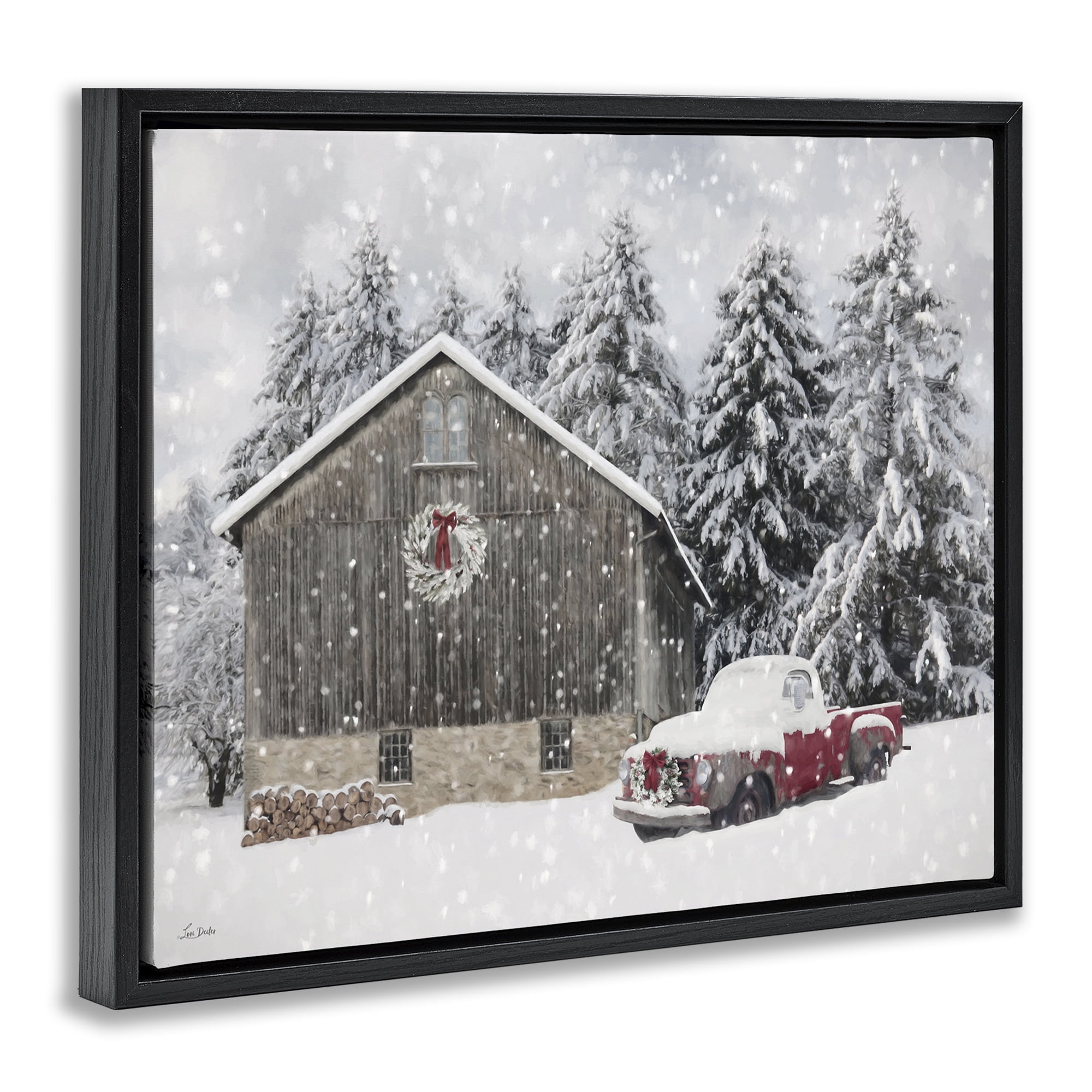 Stupell Industries Snow Covered Farm Scene Holiday Painting Black Floater Framed Canvas Art Prints Wall Art, 21 x 17