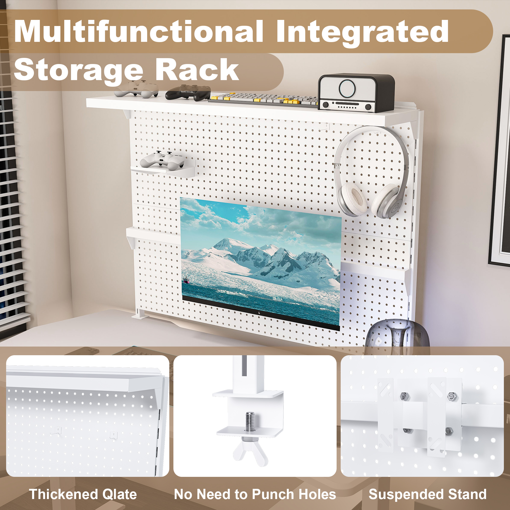 Montary Gaming & Office Desk Organizer with Dual Monitor Stand, 43x35" Metal Pegboard Privacy Panel, White
