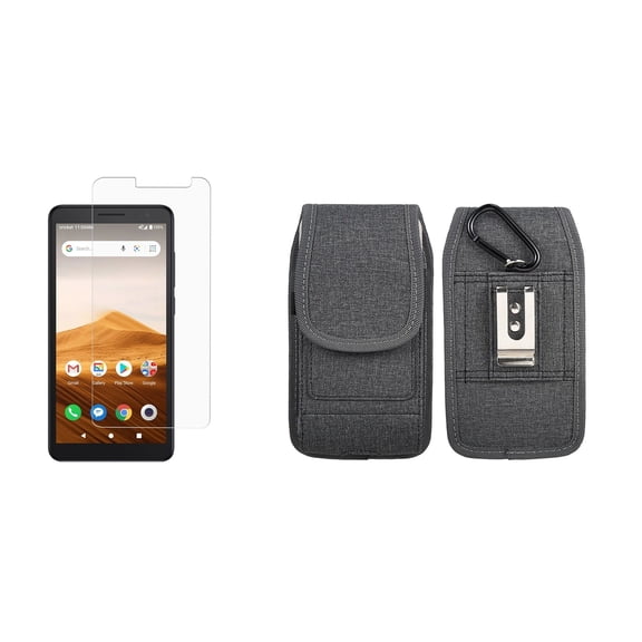 Bemz Holster Bundle for Alcatel Apprise (Cricket Wireless): Horizontal Rugged Nylon Phone Belt Holster Pouch Case (Card Slots/Pen Holder) with Tempered Glass Screen Protector - Black
