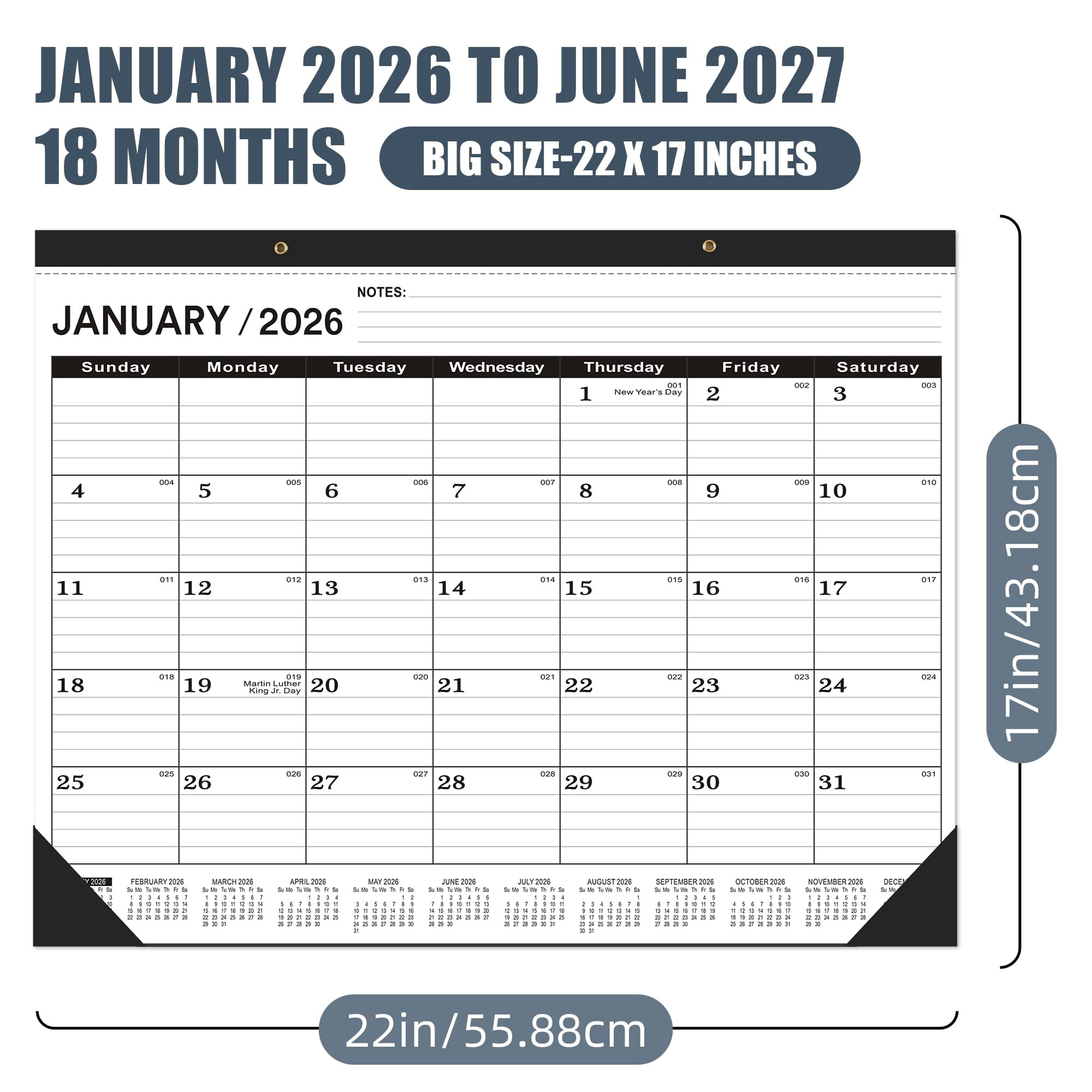 Desk Calendar 2026  2026 Large 22 X17(january 2026 - June 2027) 2026 Classic Black 2026-2027 With Plastic Cover(2 Pack)
