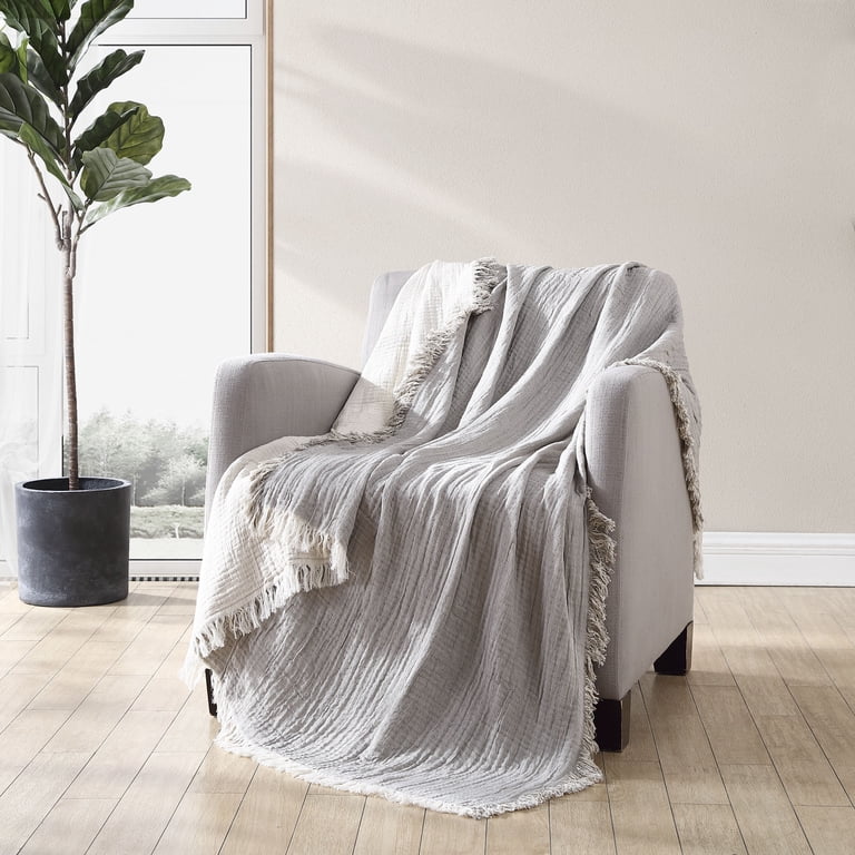 Brielle Home Denver Reversible Cotton Gauze Throw Blanket - 50x60 Inches, Denim/White