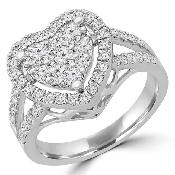 Majesty Diamonds MDR190066-7.5 0.9 CTW Round Diamond Split Shank Heart Cluster Halo Cocktail Ring in 14K White Gold - Size 7.5