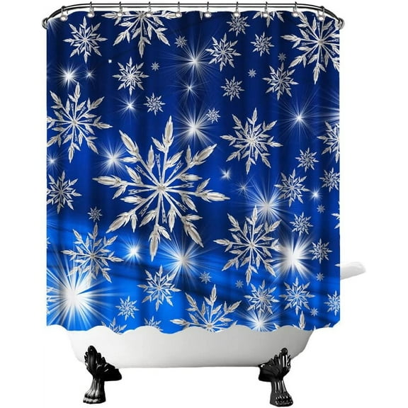 Snowflakes Shower Curtain Dark Blue Christmas Bathroom Curtain with Silver Shinning Light Winter Holiday Home Decor Waterproof Fabric Hooks Included 72X72 Inches