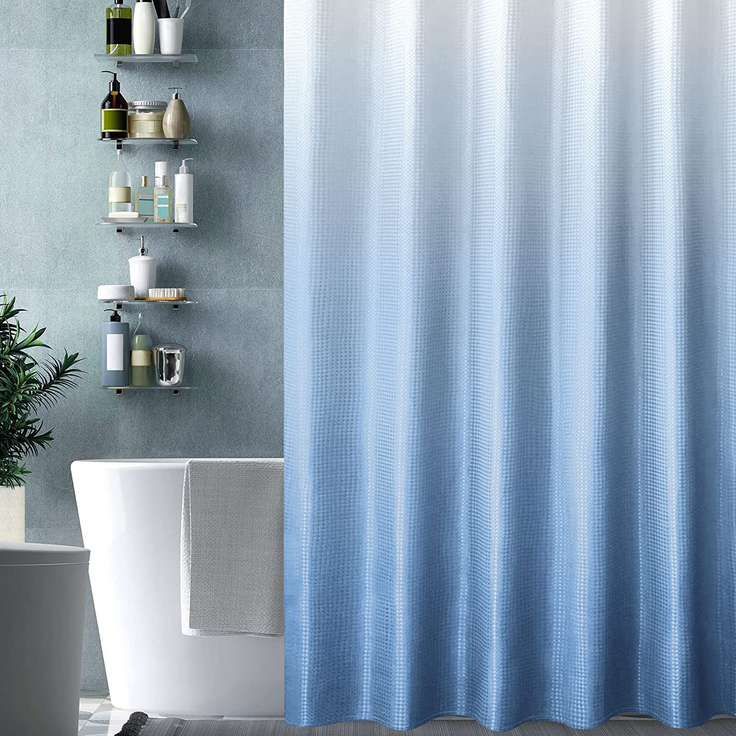 Blue Shower Curtain for Bathroom, Waffle Weave Textured Ombre Fabric Shower Curtain Set with Hooks, Water Repellent, Machine Washable, 72 x 72