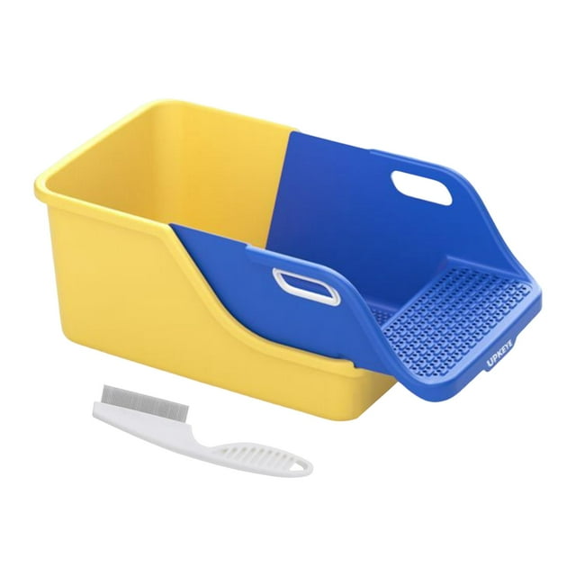 Almencla Cat Litter Box Compact Professional Open Top Low Entry Easy Clean Cat Toilet Blue Yellow