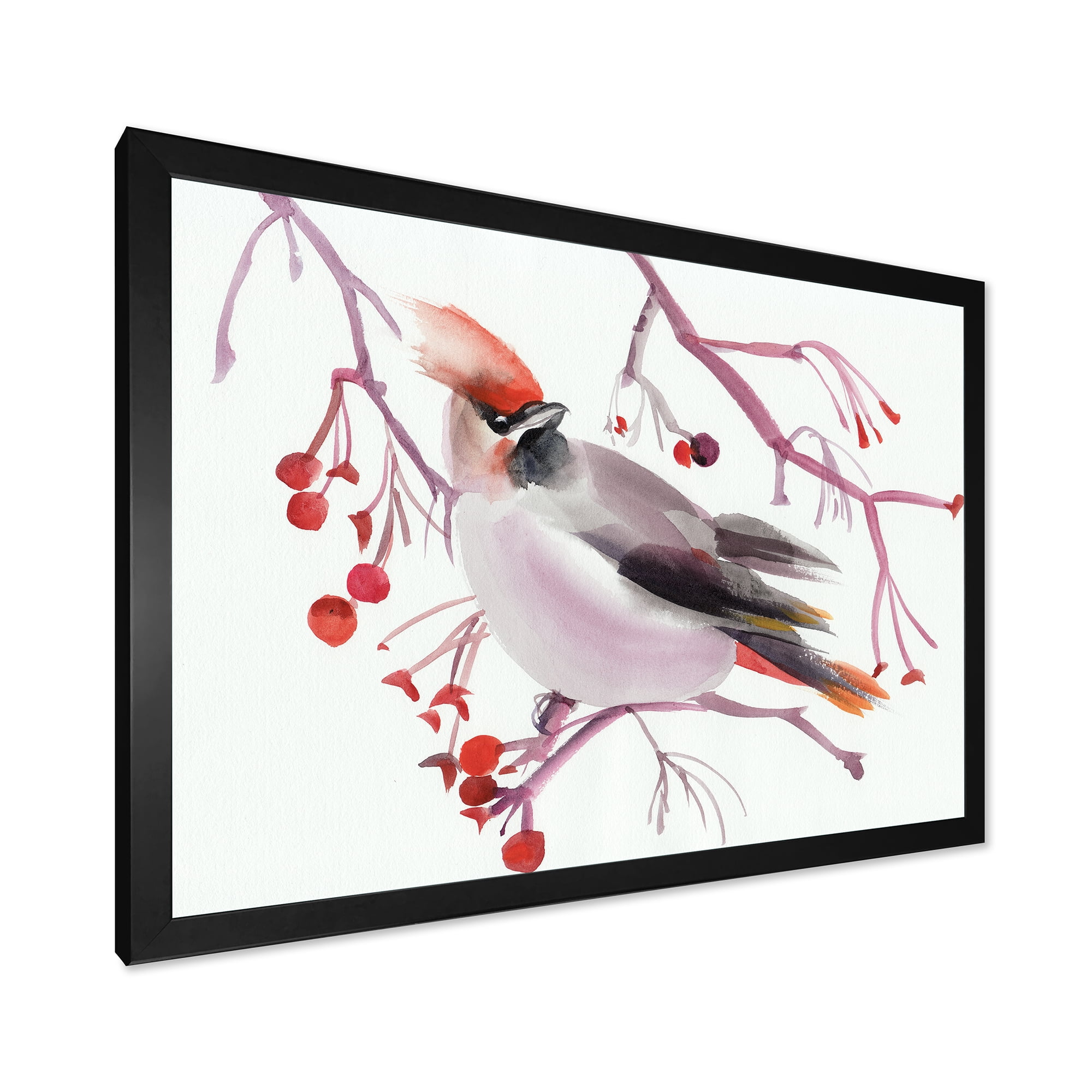 Designart 'Waxwing Bird Sitting On A Branch' Traditional Framed Art Print