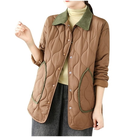 UTSJKR Womens Quilted Corduroy Collar Long Sleeve Warm Winter Coats Oversized Loose Fit Outwear Pockets Turn-Down Collar Plus Size Thicken Jackets Khaki L