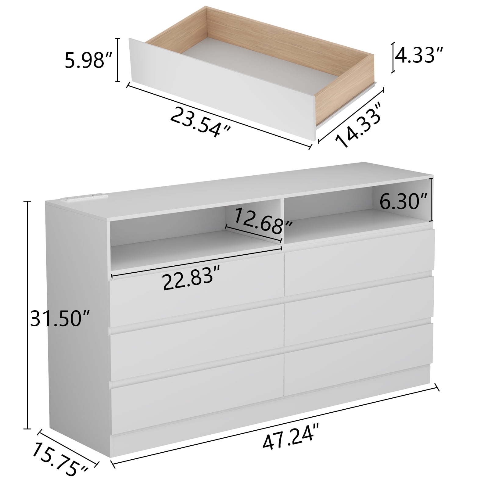 6-Drawer Double Dresser with Power Outlet and LED Light, Accent Chest of Drawers for Bedroom, Living Room – STIKELY