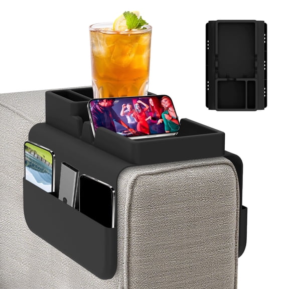 Couch Cup Holder Tray Silicone Sofa Armrest organizer with Assesory Side Pockets for storage Remotes, Cell-phone Tablet or Snack Anti-Spill and Anti-Slip Couch Drink Holder Caddy