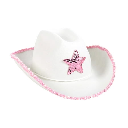 Costume Accessories Rhode Island Novelty White Felt Cowgirl Hat with Sequin Pink Star - Costume