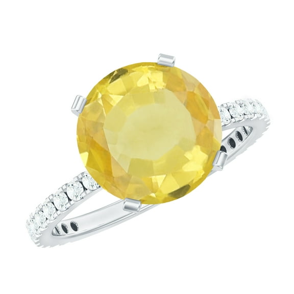 Rosec Jewels Certified Lab Grown Yellow Sapphire Engagement Ring 4 Ct - Sapphire Solitaire Ring with Diamond (10 mm, AAAA Grade), 925 Sterling Silver, US 4.00