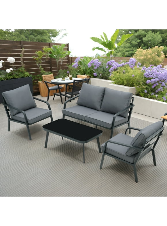 Ainfox Aluminum  Patio Outdoor Furniture Set, 4 Pieces Morden Metal Seating Conversation Sectional Sofa, for Balcony, Front Porch, Apartment, Sunroom, Sun Villa and More, Grey