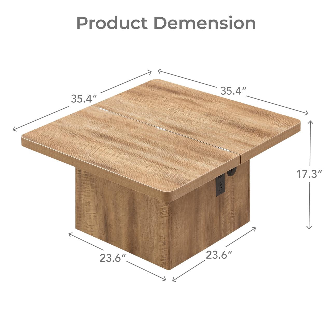 Spruce & Spring 35" Square Lift Top Coffee Table with Storage & Charging Station, USB-A & USB-C Ports, Center Table with Round Corner for Living Room, Natural Wood Finish