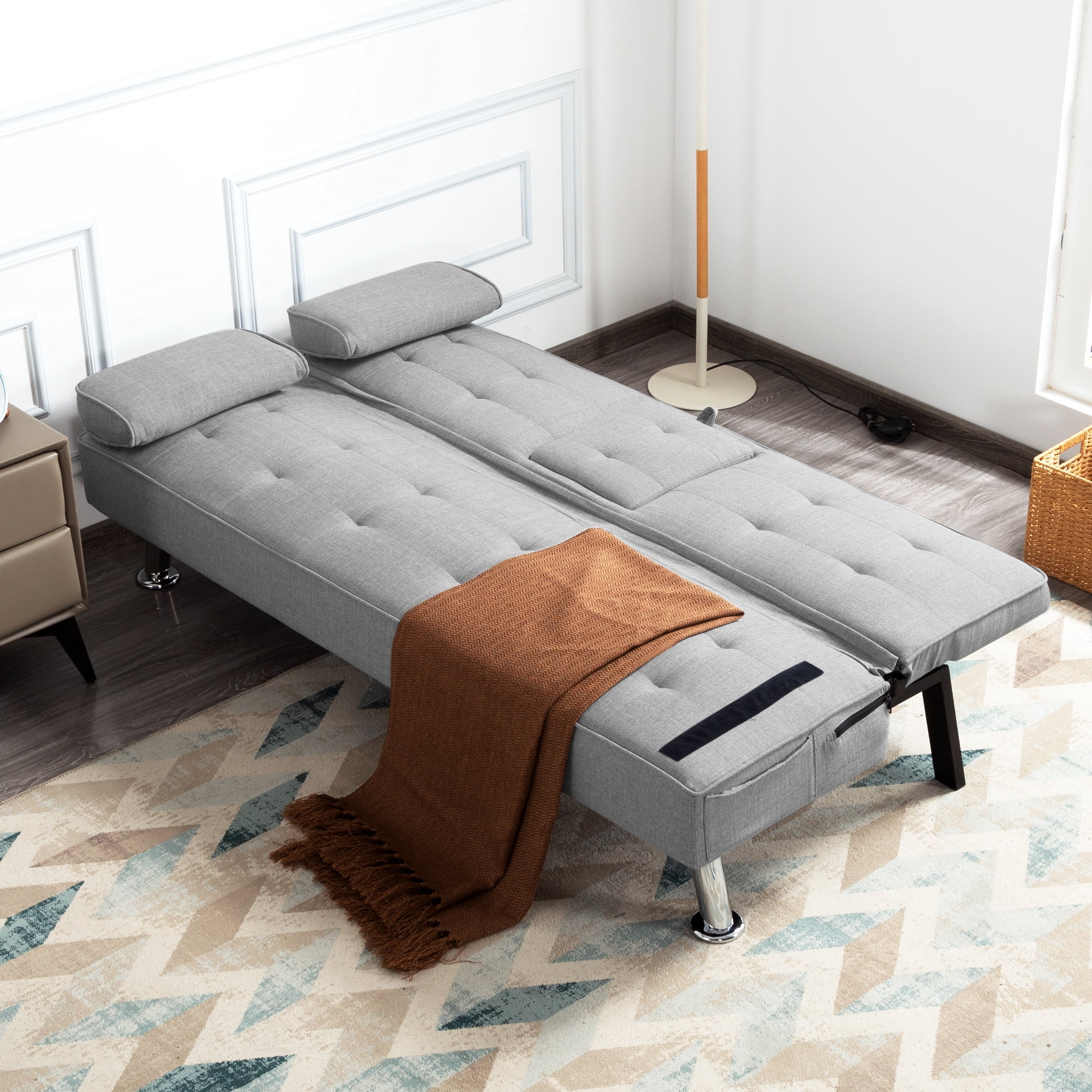 Gewnee Futon Sleeper Sofa Bed Modern Polyester Couch Convertible Folding Recliner Living Room Furniture with 2 Cup Holders for Guest Room,Living Room