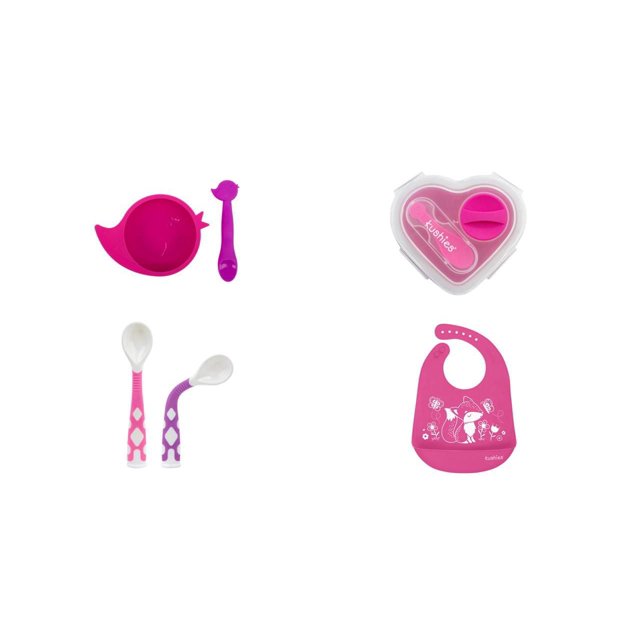 Kushies Ensemble d'Alimentation pour les Repas en 100 % Silicone - (Bol & Contenant pour Aliments & Cuillères & Bavoir en Silicone avec Poche) – Compatible Lave-Vaisselle & Micro-Ondes - Fuchsia - 6 Mois +