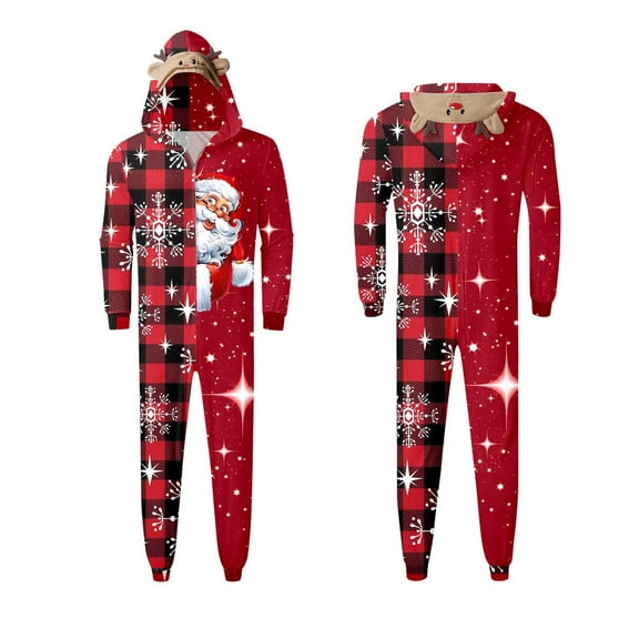 Mrzhqd Matching Christmas Pajamas For Family Christmas Mens Pajamas Onesie Cute Print Long Sleeve Jumpsuit With Hooded,Red,Size L