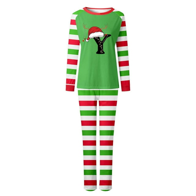 Dsscvnef Tenues Assorties pour la Famille Femmes Maman Confortables et Décontractées Ensemble de Pyjama de Noël Assorti pour la Famille Impression Alphabet Col Rond Manches Longues Pantalons Longs Combinaisons de Noël Pyjamas pour la Famille avant