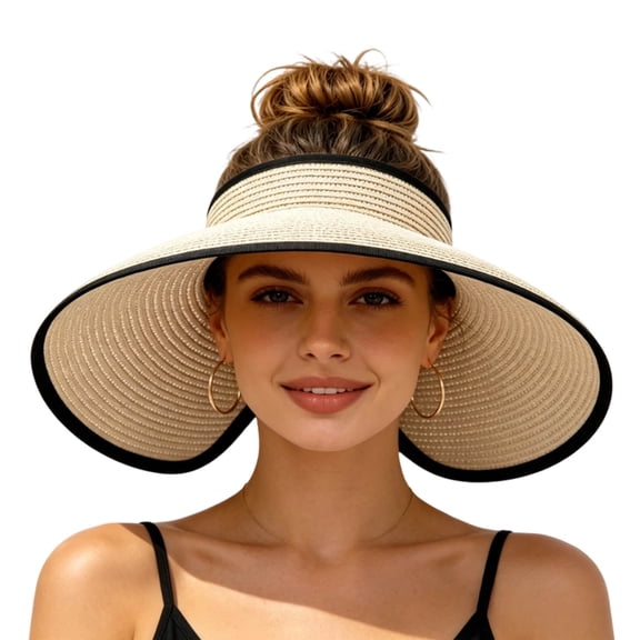 zrova Women UPF UV Straw Sun Visor Hat, Foldable Wide Brim Ponytail Summer Beach Hat, Packable Travel Sun Hat