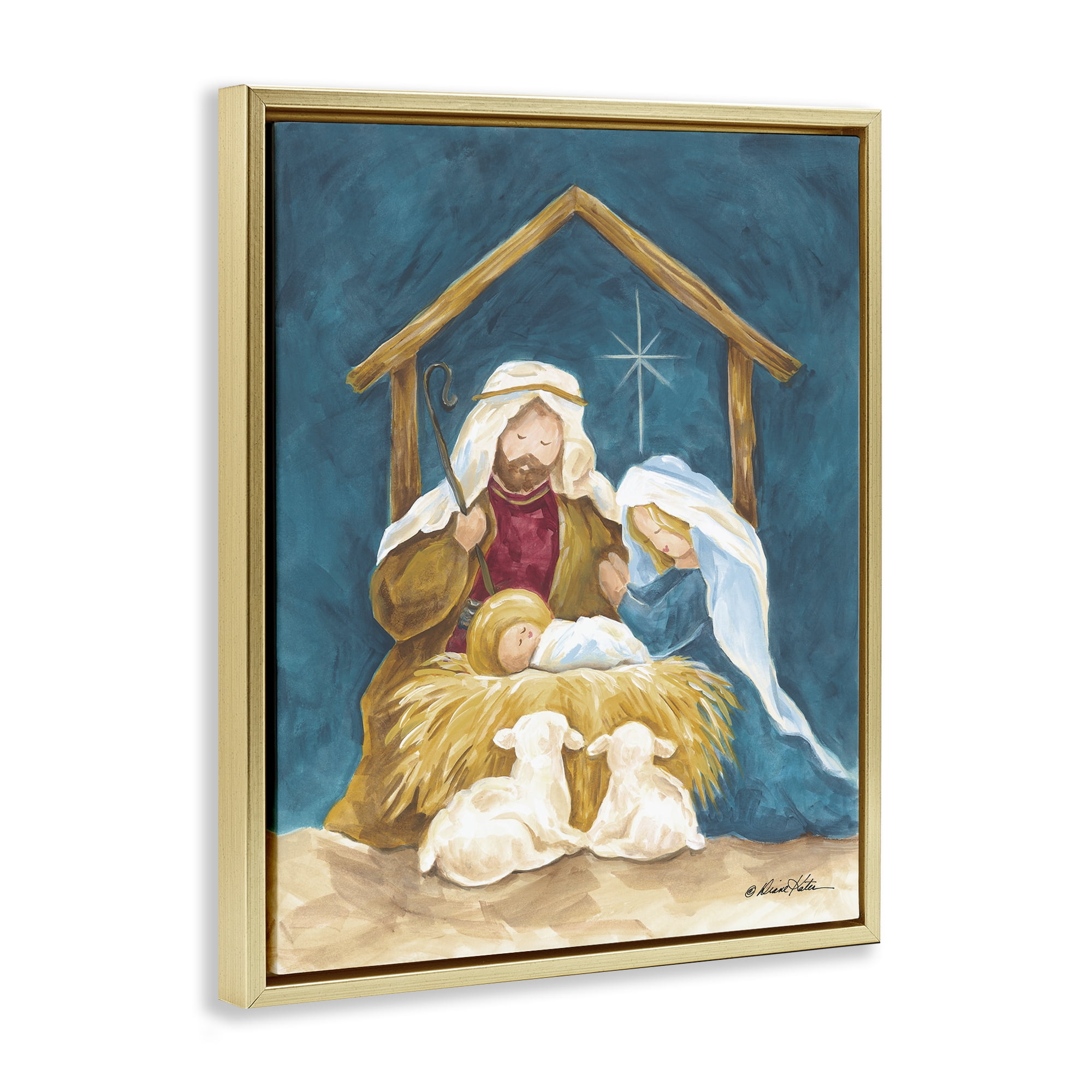Comforting Nativity Painting Gold Framed Floater Canvas Wall Art, design by Diane Kater