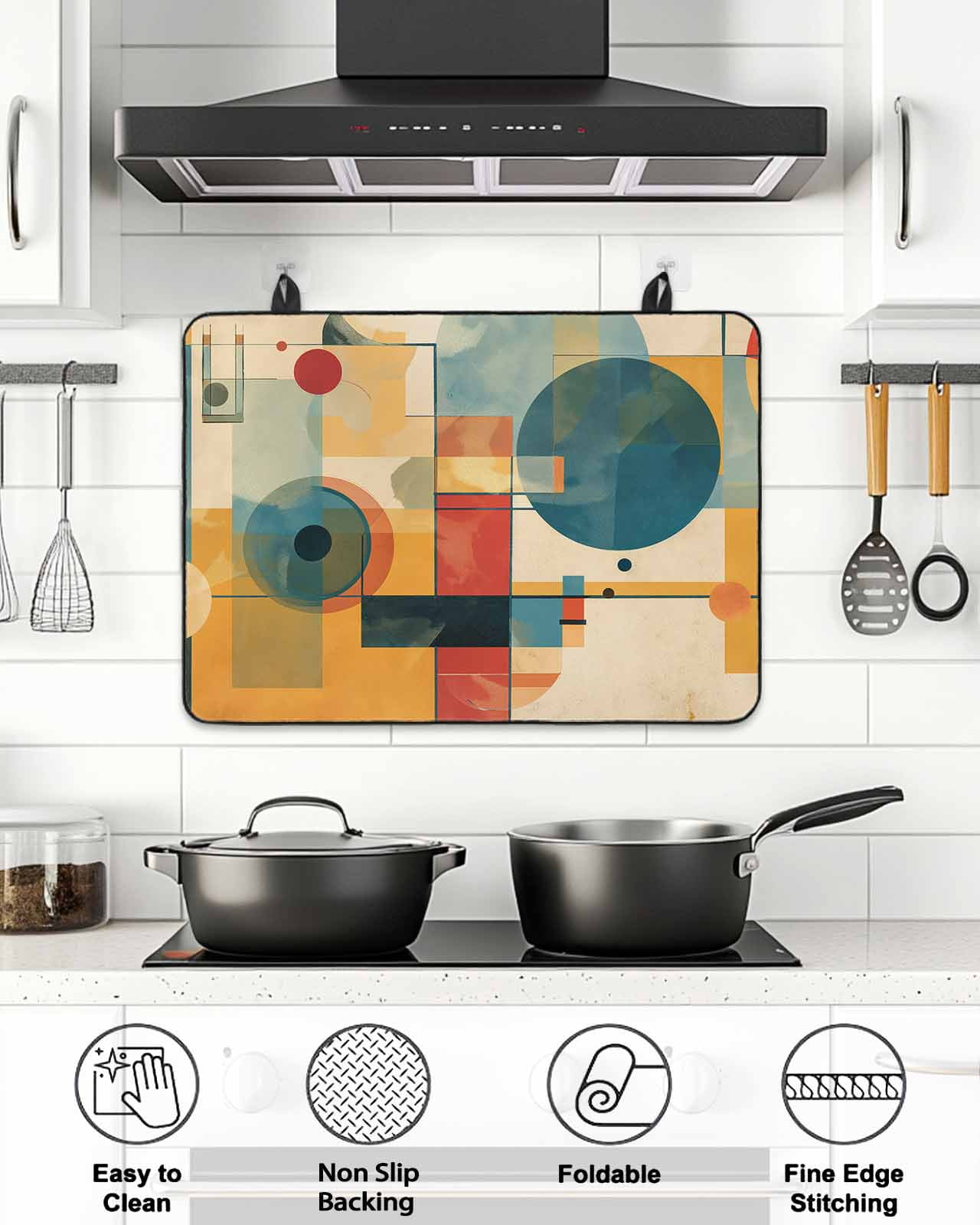 Stove Top Covers for Electric Stove, Blue Yellow Geometric Glass Stovetop Cover Protector, Vintage Oil Painting Abstract Art Induction Cooktop Protector Oven Mat for Kitchen Countertop 24"x21"