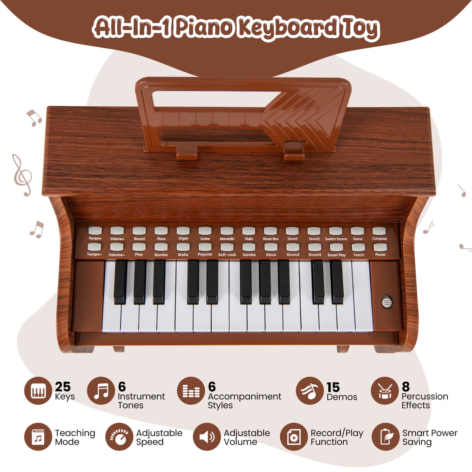 Costway 25 Keys Digital Piano with Music Stand Stool Lighted Keys Teaching Mode for 3+ Kids Brown