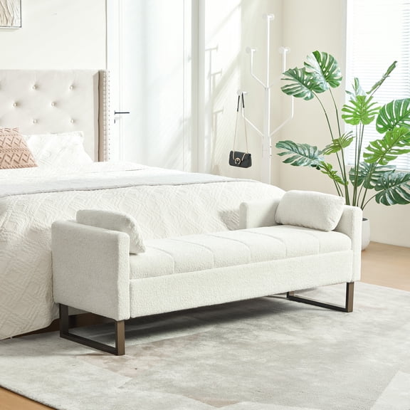 FFZ 63.98 inch Upholstered Storage Accent Bench with Flip-Top, Chenille Upholstery and Metal Legs, Ivory