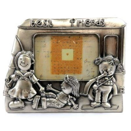 Heavy pewter picture frame with three children in front of a school bus and the words 