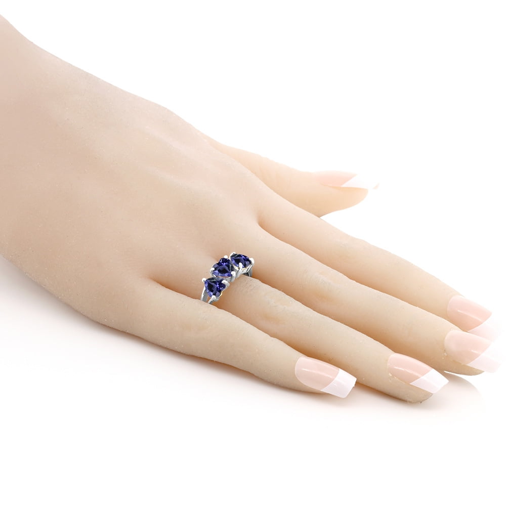 Gem Stone King 1.74 Ct Heart Shape Blue Iolite 925 Sterling Silver 3-Stone Ring