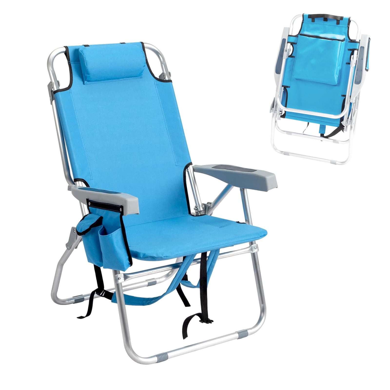 5-Position Adjustable Beach Lounge Chair with Cooler Cup Holder Storage Pockets, 600D Oxford Aluminum Frame Foldable Portable Backpack Beach Chair Holds 330 LBS