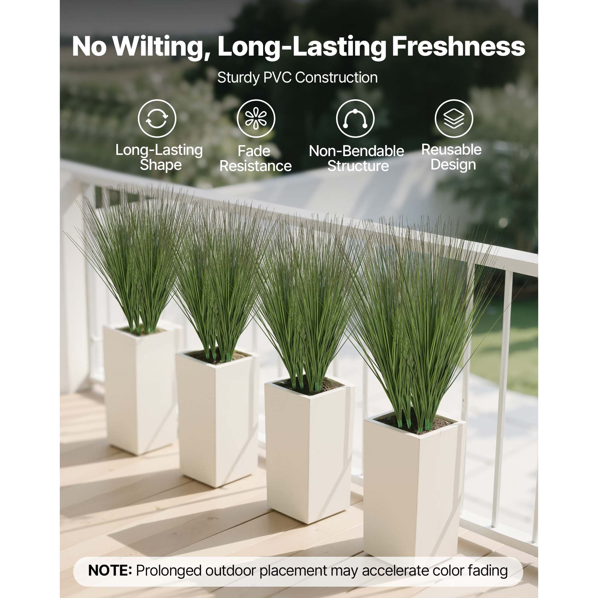 Artificial Onion Grass 8-Pack, 27 Inch Tall PVC Plants with 8 Stems Each, Lifelike Texture, No Watering Needed, Indoor Outdoor Decor for Home Garden Office