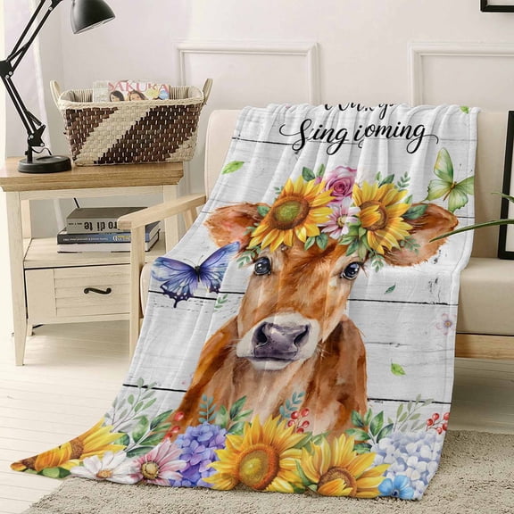 Throw Blanket Fleece Throw Blanket 50x60in, Wake up Spring Is Coming Soft Lightweight Bed Blankets Farm Sunflowers Cow Butterfly Fuzzy Couch Blankets for All Season
