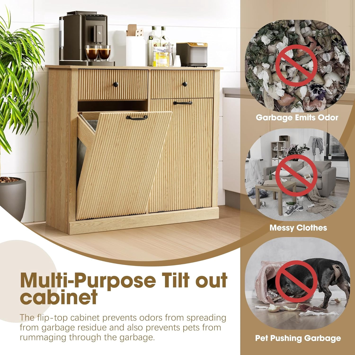 Magic Union Tilt Out Fluted Laundry Hamper Cabinet, 22 Gallon Double Hidden Laundry Hamper, Wooden Trash Can Cabinets with 2 Drawers, Modern Garbage Can Cabinet for Bathroom, Kitchen
