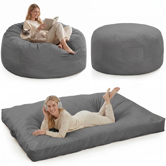 Bean Bag Chairs for Adults,Convertible Bean Bag Chair with High Re bound Memory Foam & Removable Washable Cover,4FT Floor Couch Sofa for Bedroom