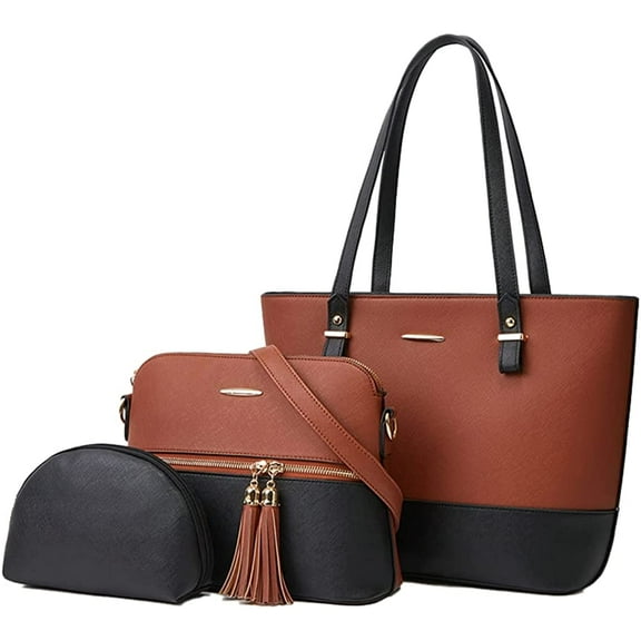 Women's Fashion Handbag Tote Handbag Satchel 3pcs Purse Set PU Leather Shoulder Bag Clutch 3 pcs Set. (Brown-Black)