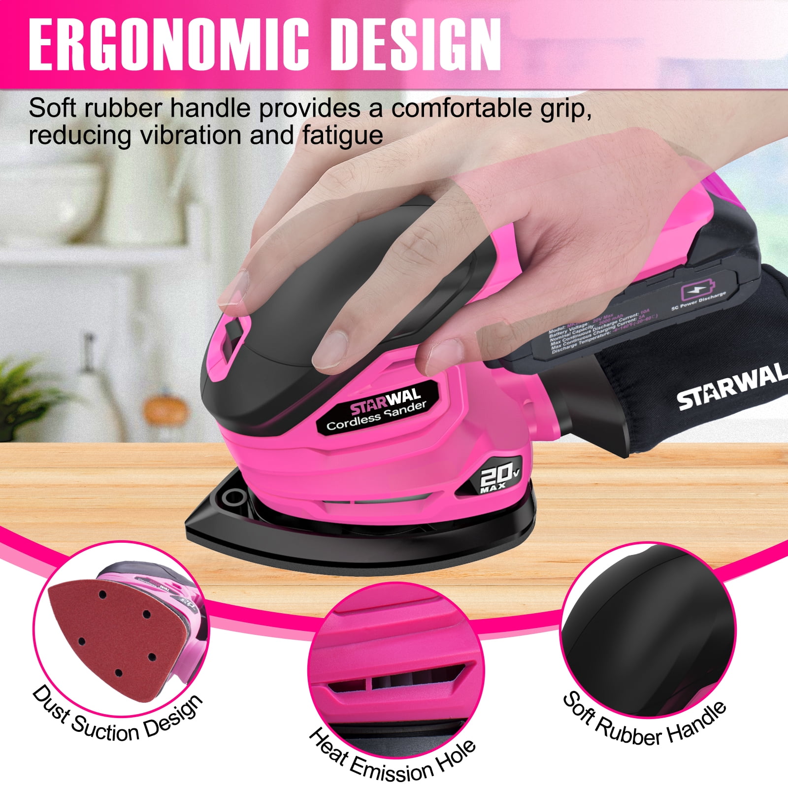 Starwal 20V Cordless Detail Sander - 12000 RPM Electric Hand Sander, Compact Palm Sander for Tight Spaces Woodworking, 2.0Ah Battery and Charger Included