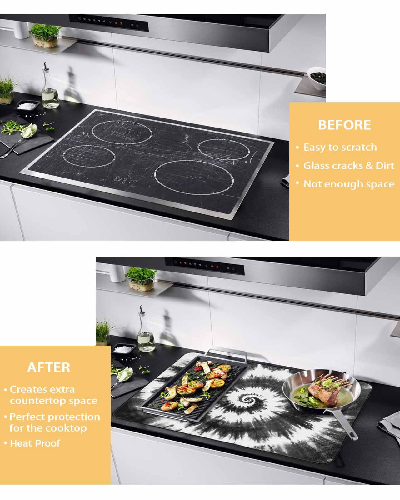 nqOlkjepod Large Induction Cooktop Protector Mat 36"x21", Black Gray Ombre Stove Top Covers for Electric Stove, Retro Abstract Tie-dye Tribal Boho Stove Burner Cover Mats, Glass Top Stove Cover