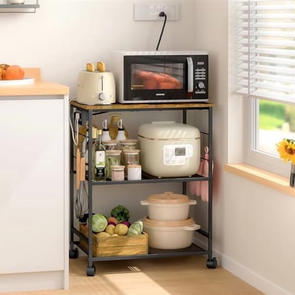 Rolling Kitchen Microwave Cart with Power Outlet, 3 Tier Microwave Table Stand with Storage, Kitchen Utility Cart on Wheels, Small Coffee Cart Shelf Rack Organizer for Living Room Office