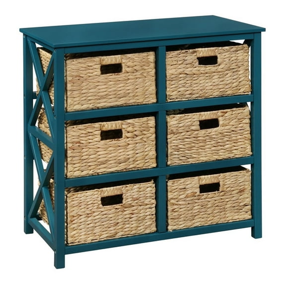 eHemco 3 Tier X-Side End Storage Cabinet with 6 Water Hyacinth Natural Wicker Baskets, Teal