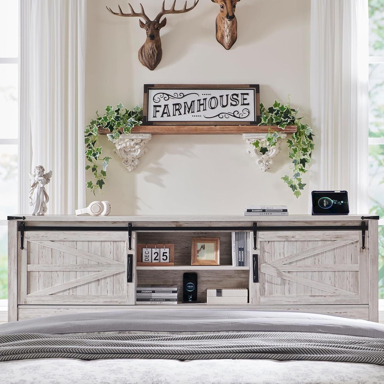 OKD Modern Farmhouse King Platform Bed with Bookcase Headboard Storage and Charging Station, No Box Spring Needed, Antique Brush White
